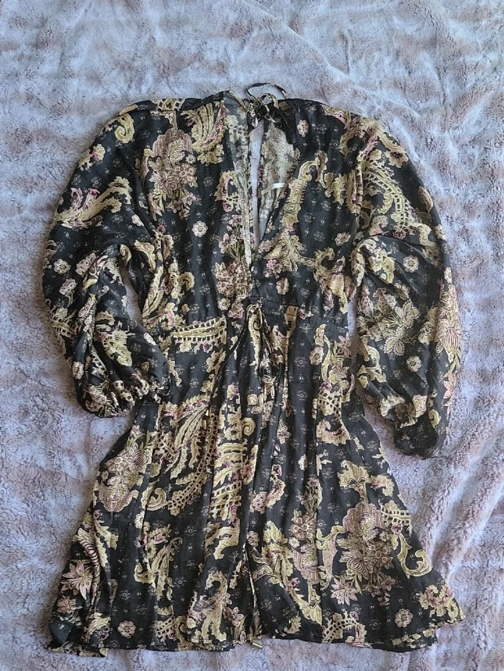Free People Azril Black Paisley V-Neck Babydoll Dress with Gold & Pink Accents